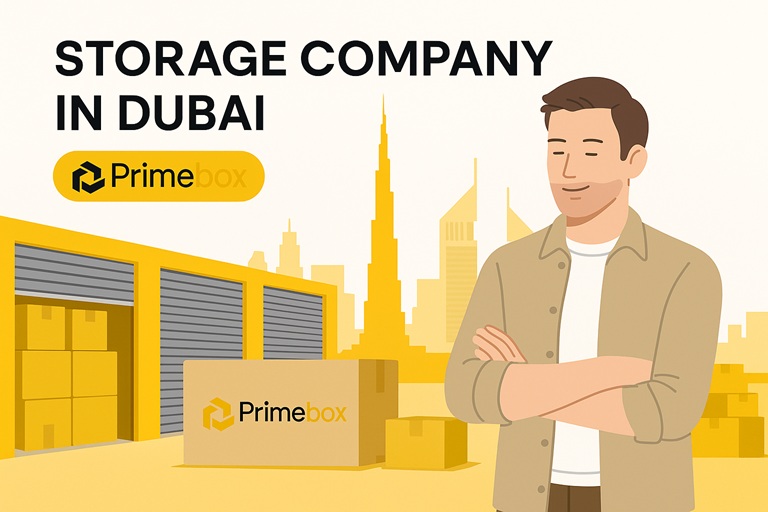 Storage company in Dubai – Primebox modern storage facility with lockers, boxes, and Dubai skyline.
