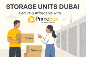 Storage units Dubai – Primebox secure storage facility with lockers, boxes, and Dubai skyline.