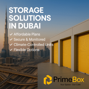 PrimeBox storage solutions in Dubai with yellow climate-controlled storage units and Dubai skyline in the background.
