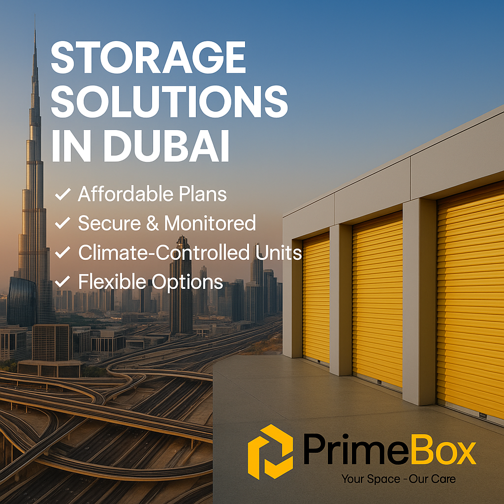 PrimeBox storage solutions in Dubai with yellow climate-controlled storage units and Dubai skyline in the background.
