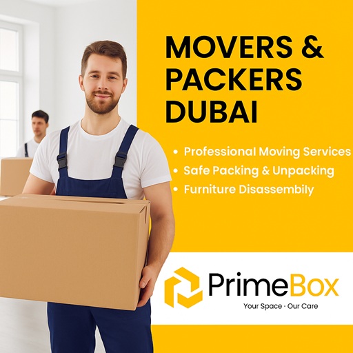 PrimeBox reliable movers and packers in Dubai with trained staff holding moving boxes.